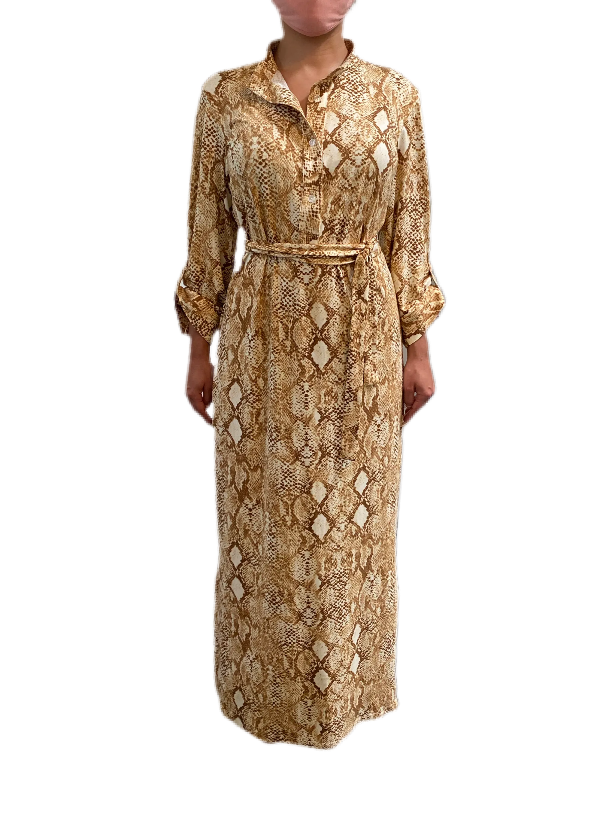 Snake print in our Luxurious Soft Brushed Luxe Jersey Belted Pope Collar Shirt Dress