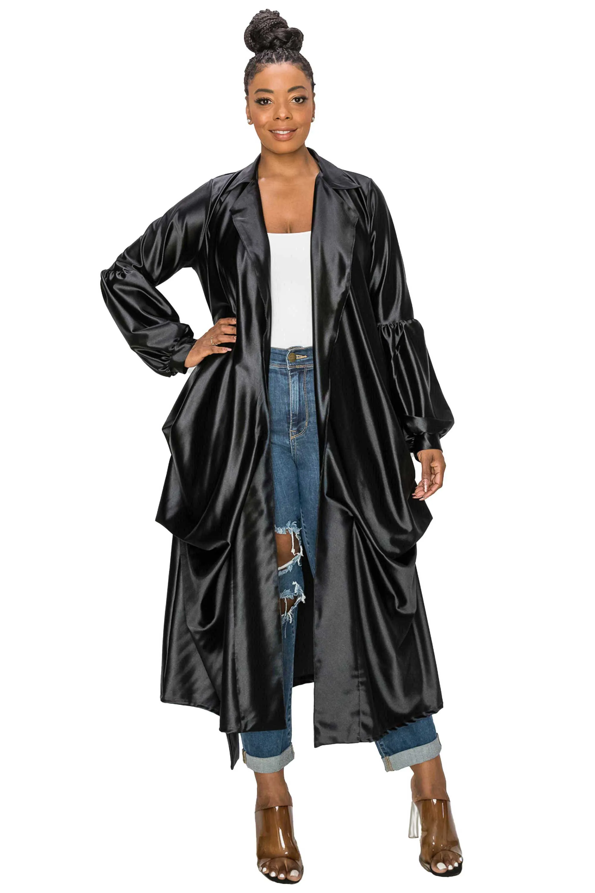 Soft Stretch Satin Belted Tie Coat