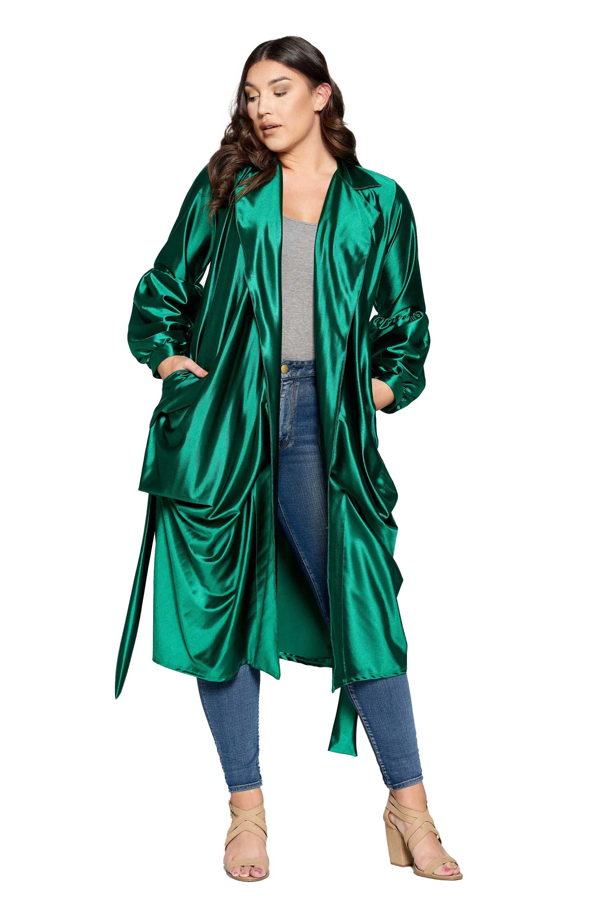 Soft Stretch Satin Belted Tie Coat