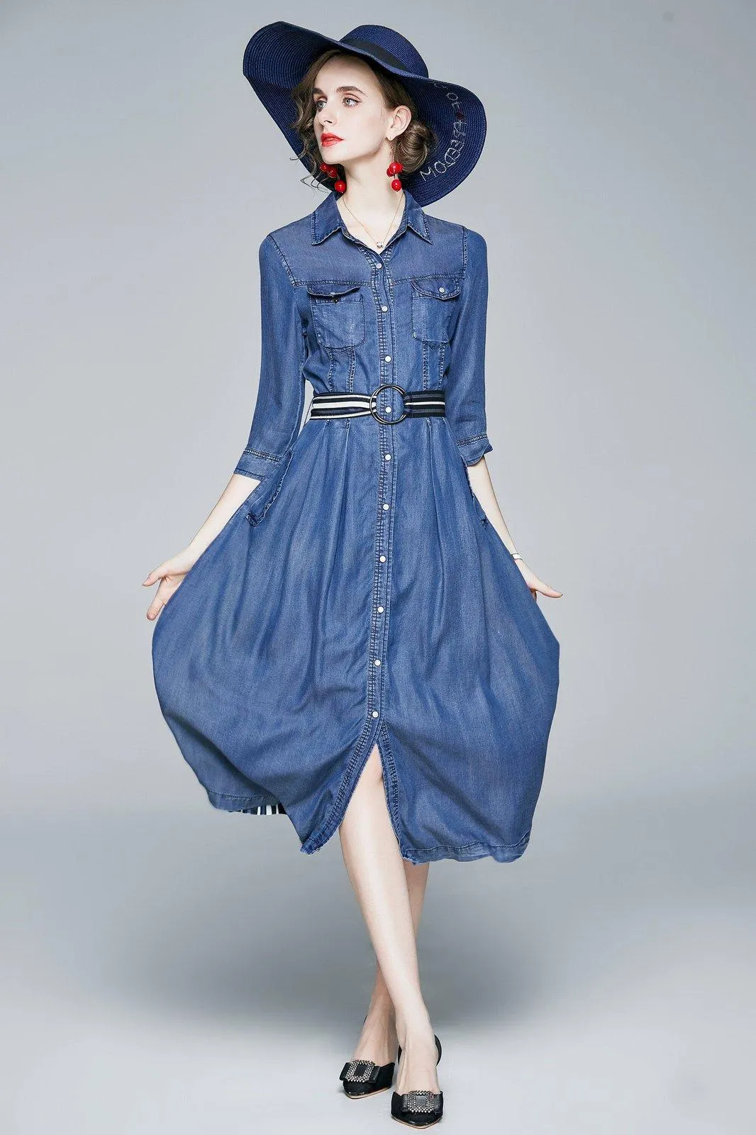 Three Quarter Sleeve Belted Blue Denim Midi Shirtdress