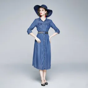 Three Quarter Sleeve Belted Blue Denim Midi Shirtdress