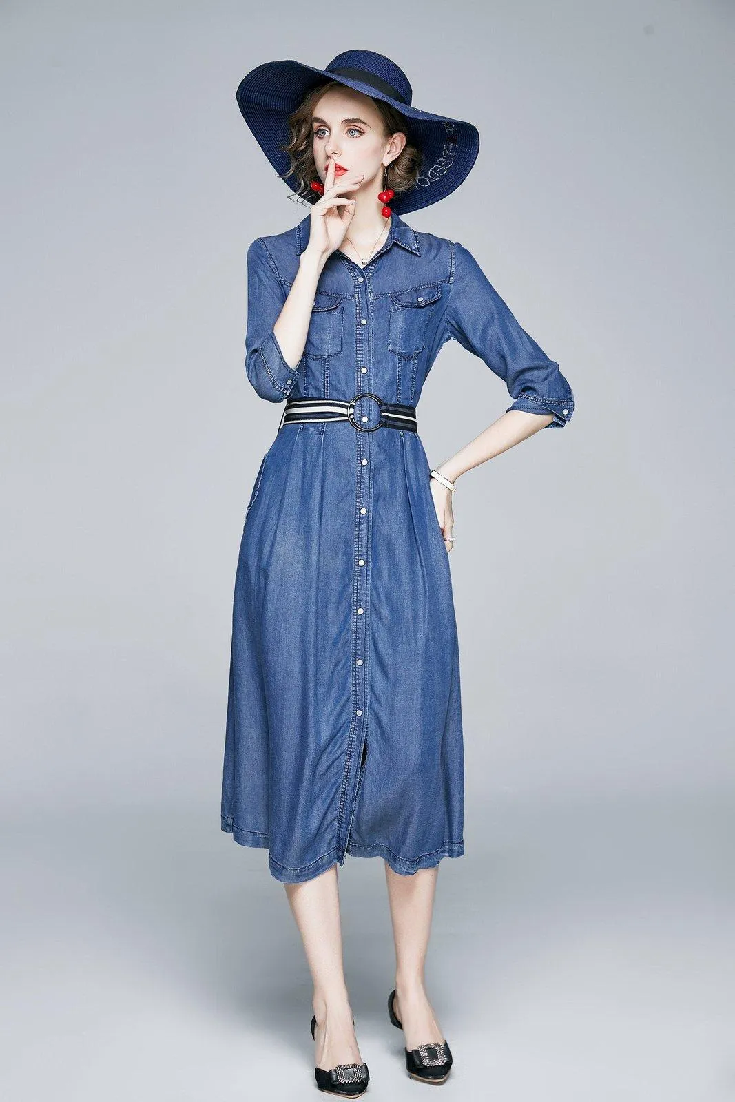 Three Quarter Sleeve Belted Blue Denim Midi Shirtdress