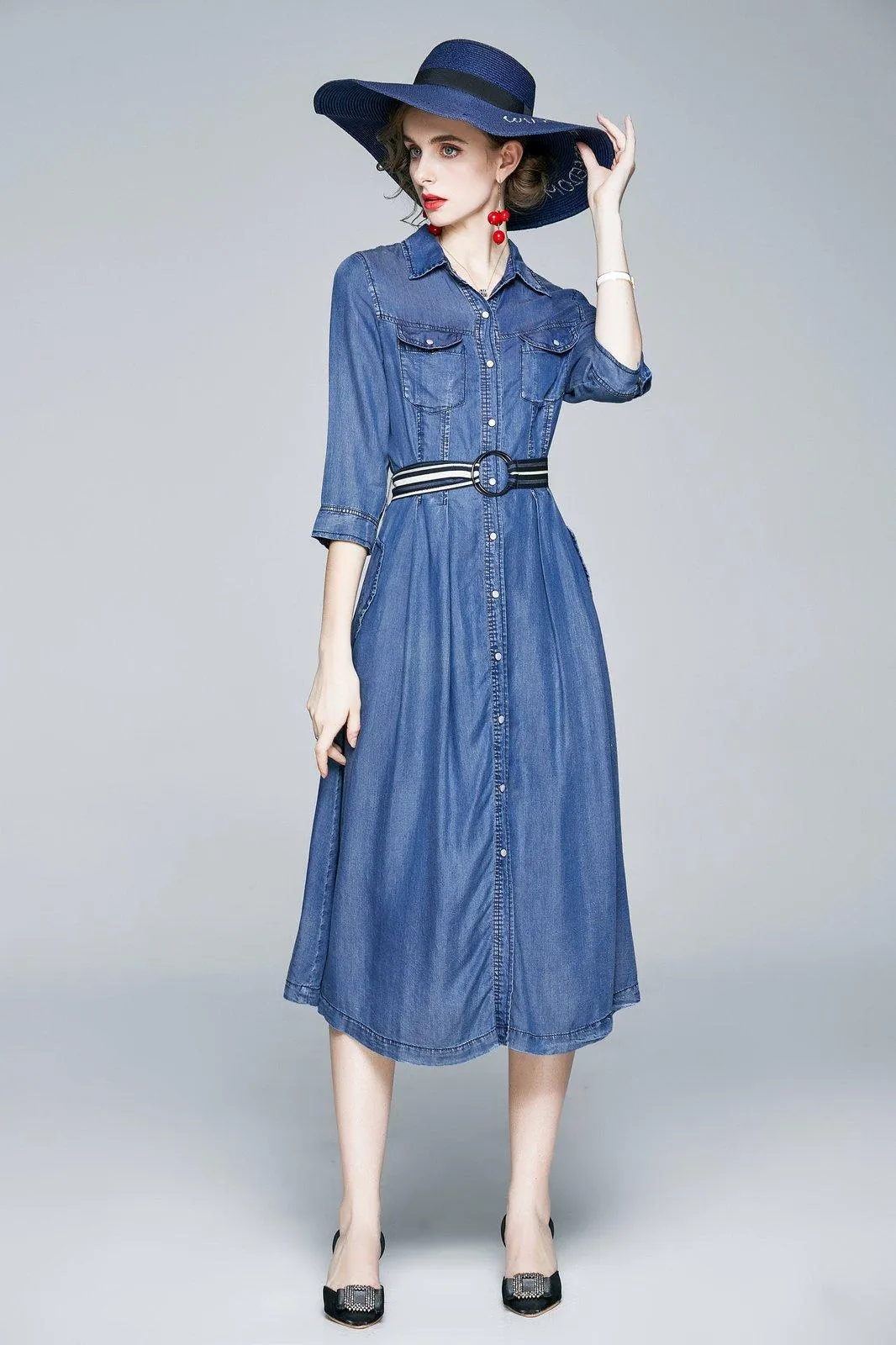 Three Quarter Sleeve Belted Blue Denim Midi Shirtdress