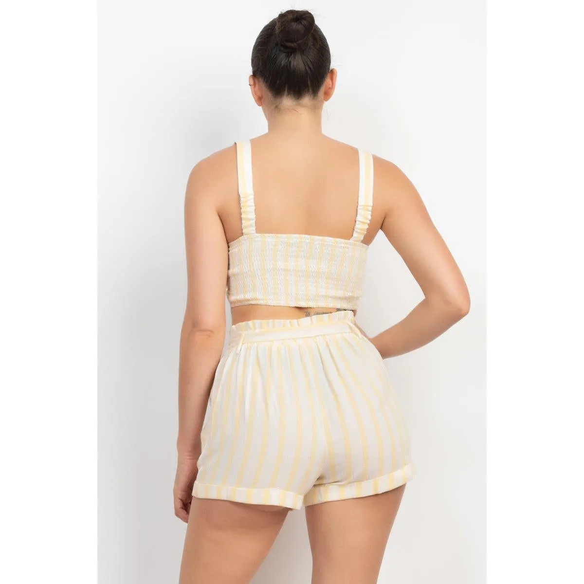 Tie-front Striped Crop Top & Belted Shorts Set