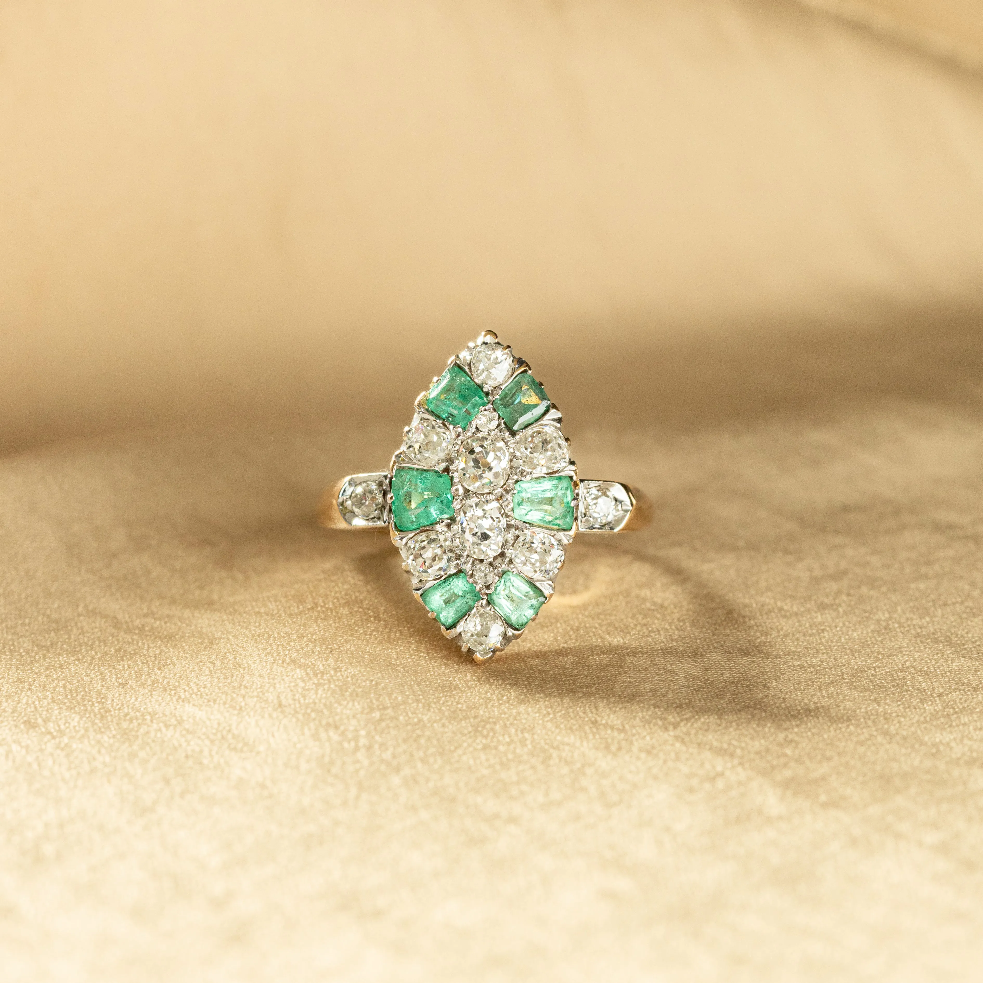 Victorian Old Mine Diamond Emerald Navette Ring