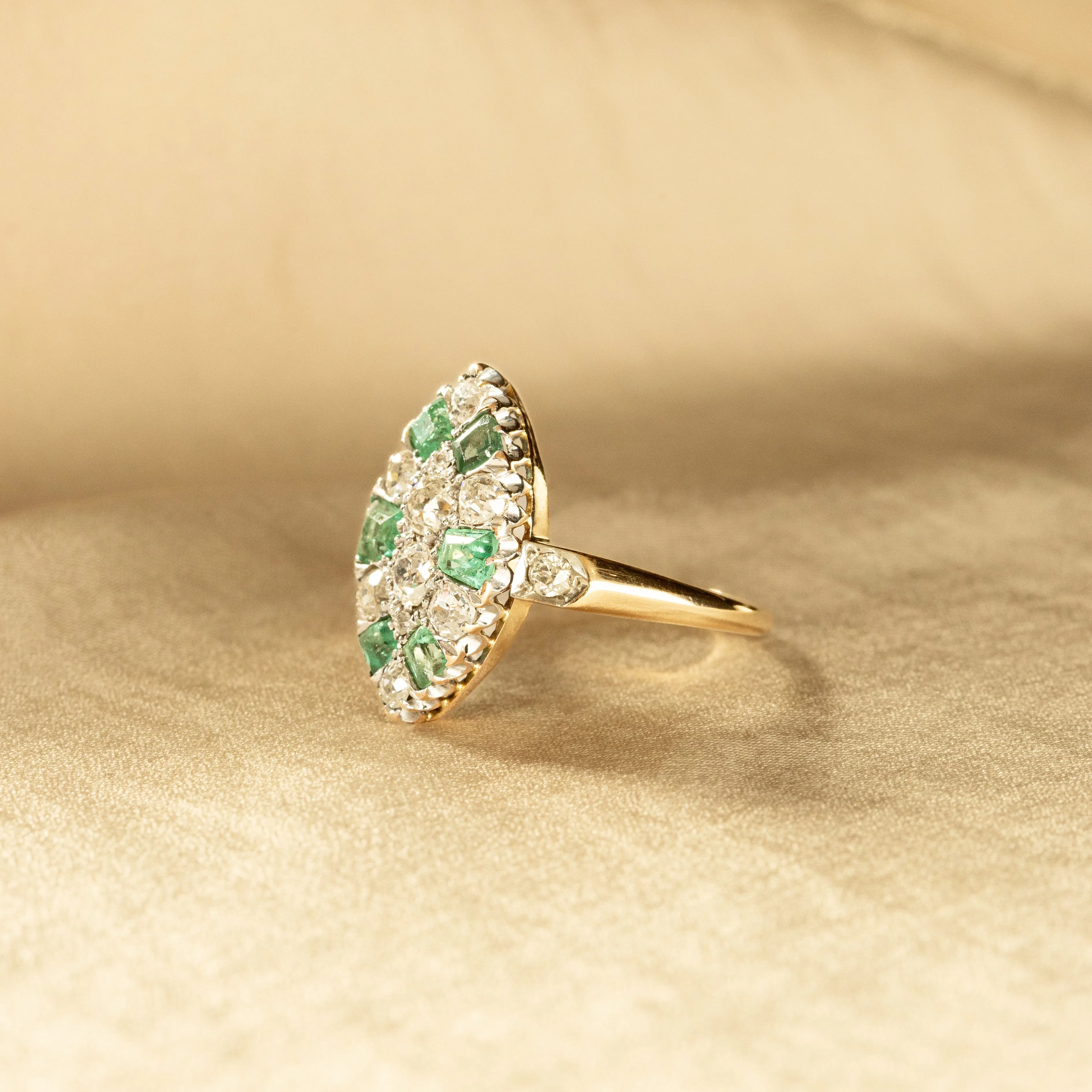 Victorian Old Mine Diamond Emerald Navette Ring