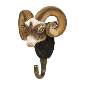 Wildlife Garden Hand Carved Wooden Horned Ram Hook