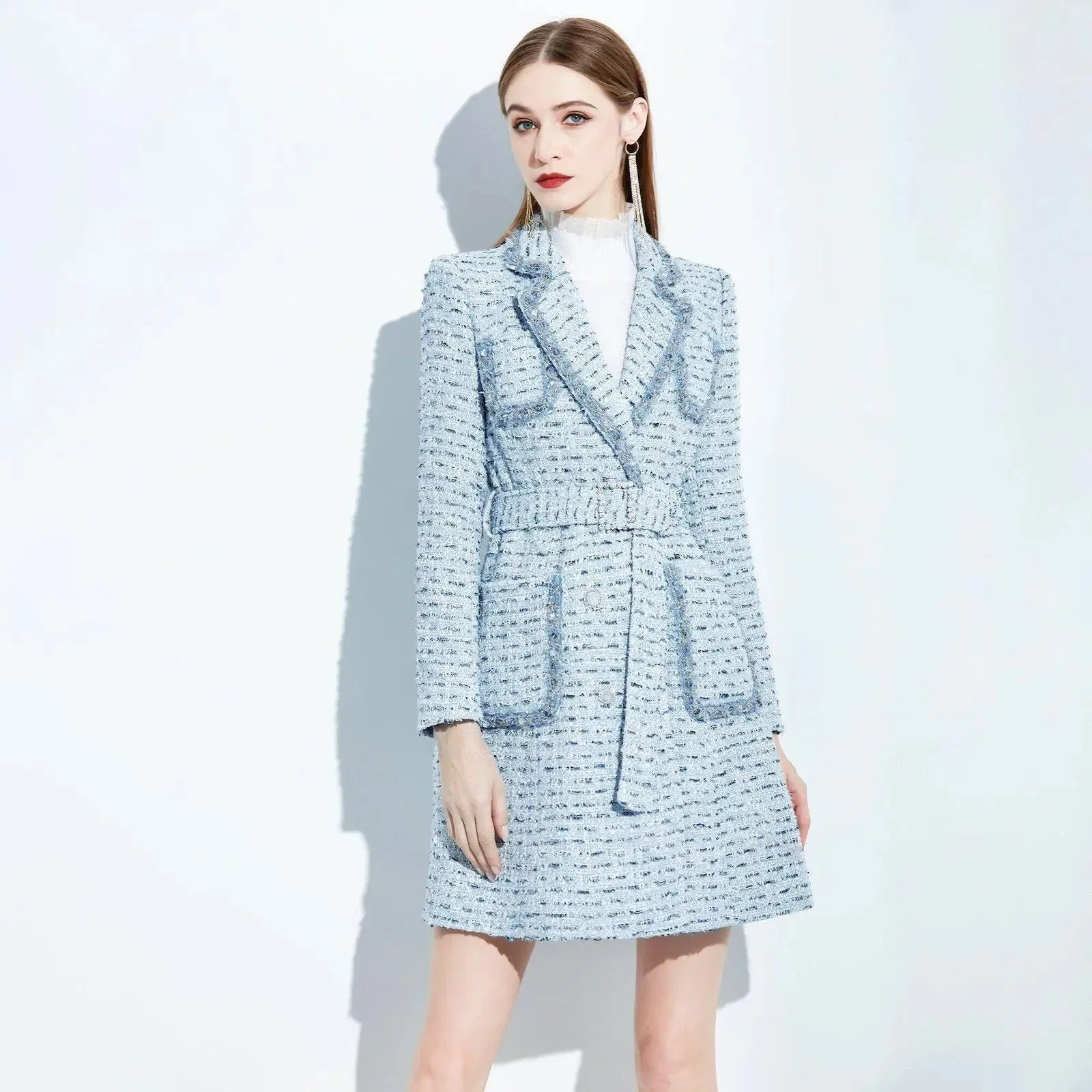 Women Blue Tweed Overcoat,winter wool coat,Blue wool coat,Wool blend wrap Coat,Tweed Long coat,Warm Winter Coat,Overcoat Women,Vivian7 C102