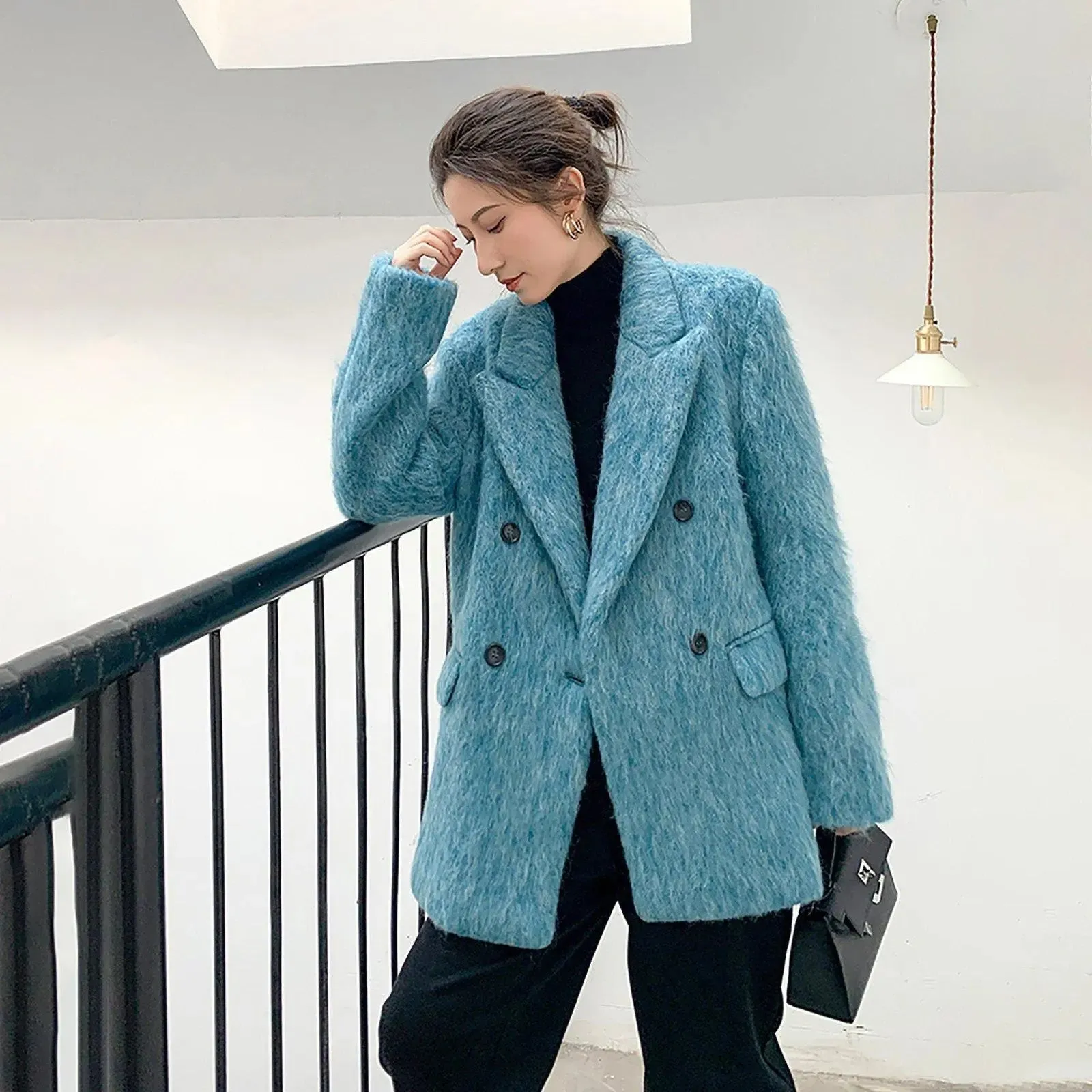 Women Blue Wool Blazer,Fleece Suit,Oversize Wool Coat,Warm Wool Suit Coat,Winter Blazer coat women,Blue wool Suit,Double breasted Suit Coat,