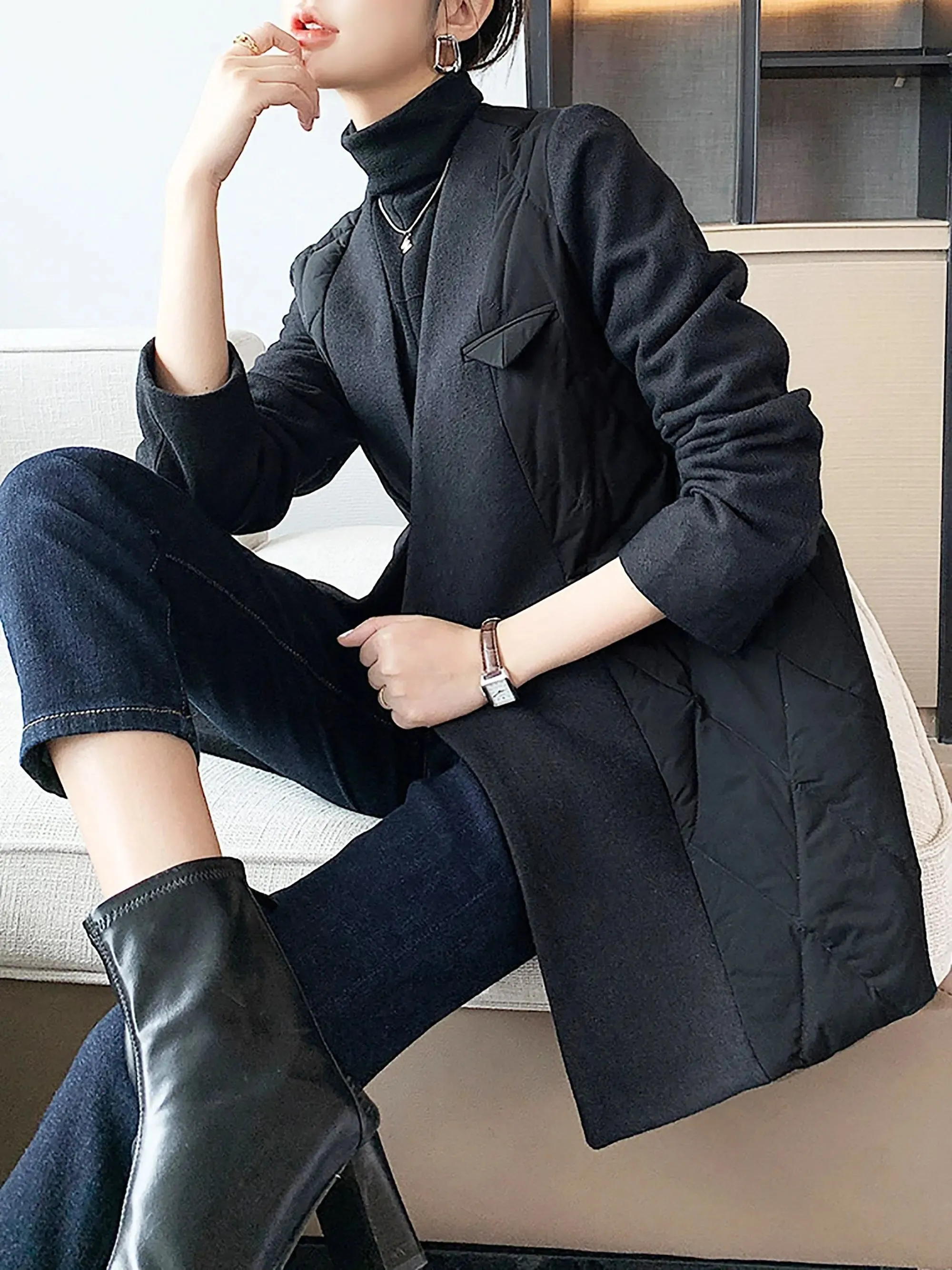 Women wool down coat,Black Wool Blazer down coat,Oversize Wool Blazer down jacket,Black down jacket Suit,Winter Down Blazer,Warm Puffy Coat