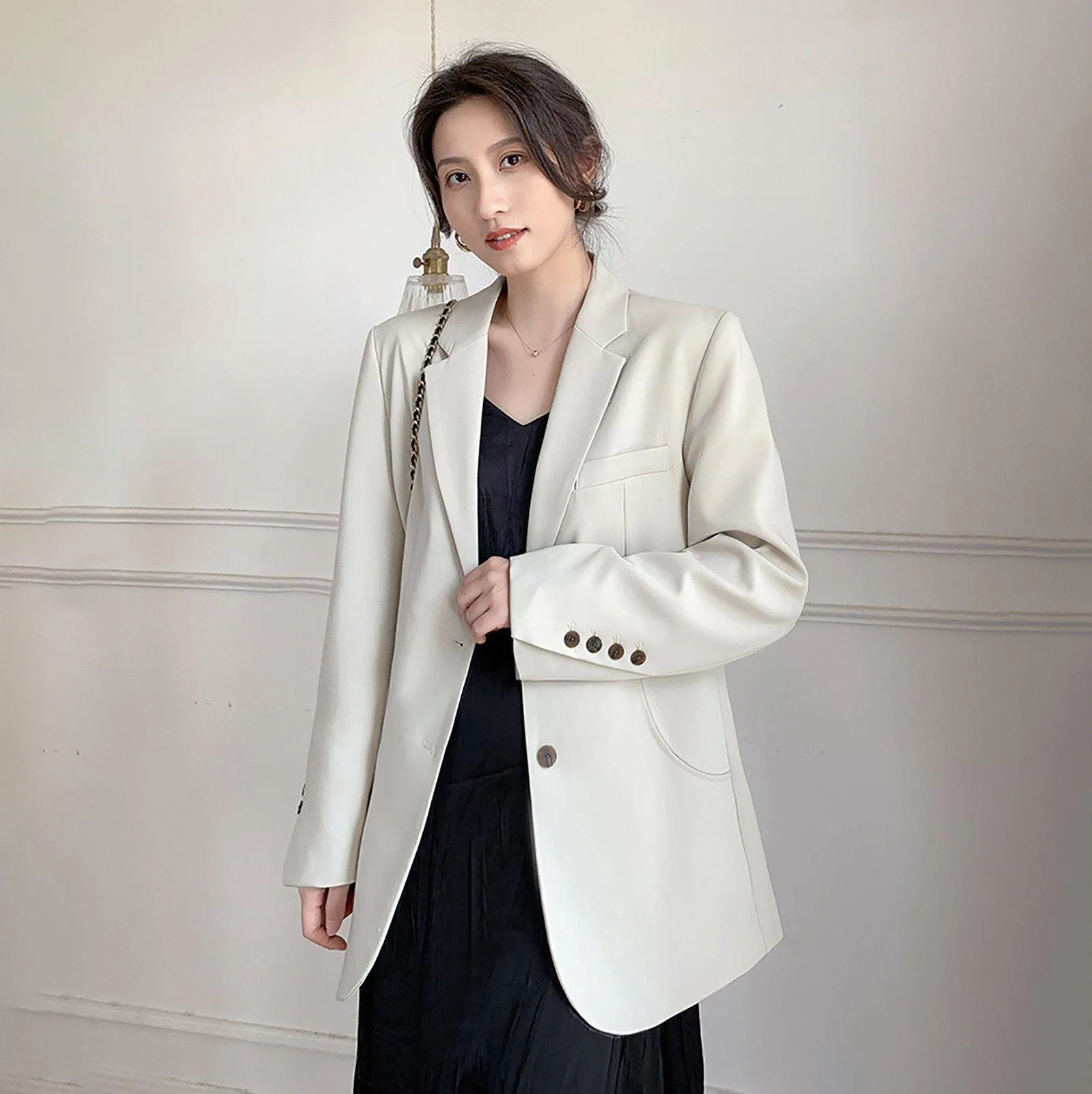 Women's Beige Oversize Blazer Shoulder pad Suit,Cotton blend Coat loose casual Suit Jacket,Office Lady Classic Style Blazer Coat,Fall Coat