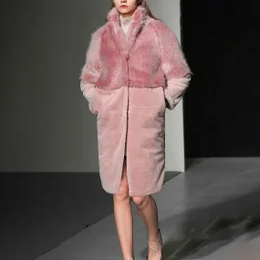 Women's Pink Rex rabbit fur Coat,Faux Fox Fur Coat,Warm Winter coat,Mid-length fur coat,Fur Overcoat,Oversize Pink Fur coat,Vivian7 C104